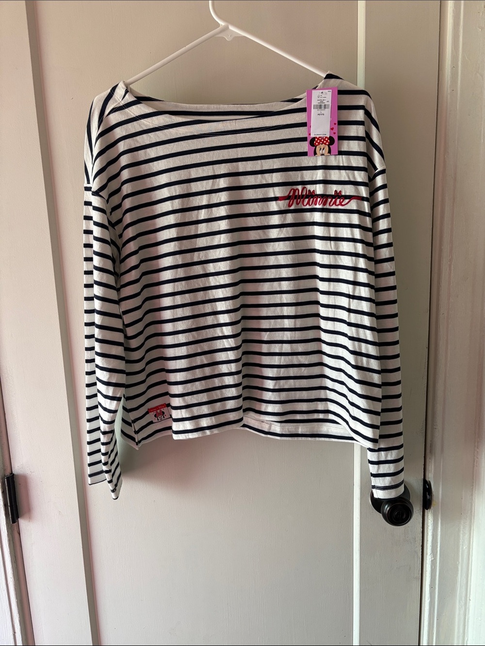 Old Navy Black and White Striped Long-Sleeve Top with Red Script